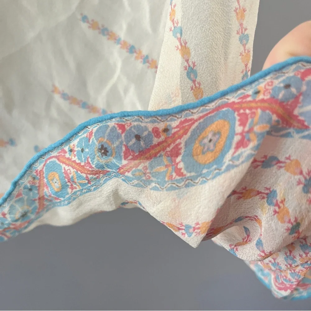 Vintage Square Silk Feel Scarf Sheer Blue Orange Floral Print Lightweight